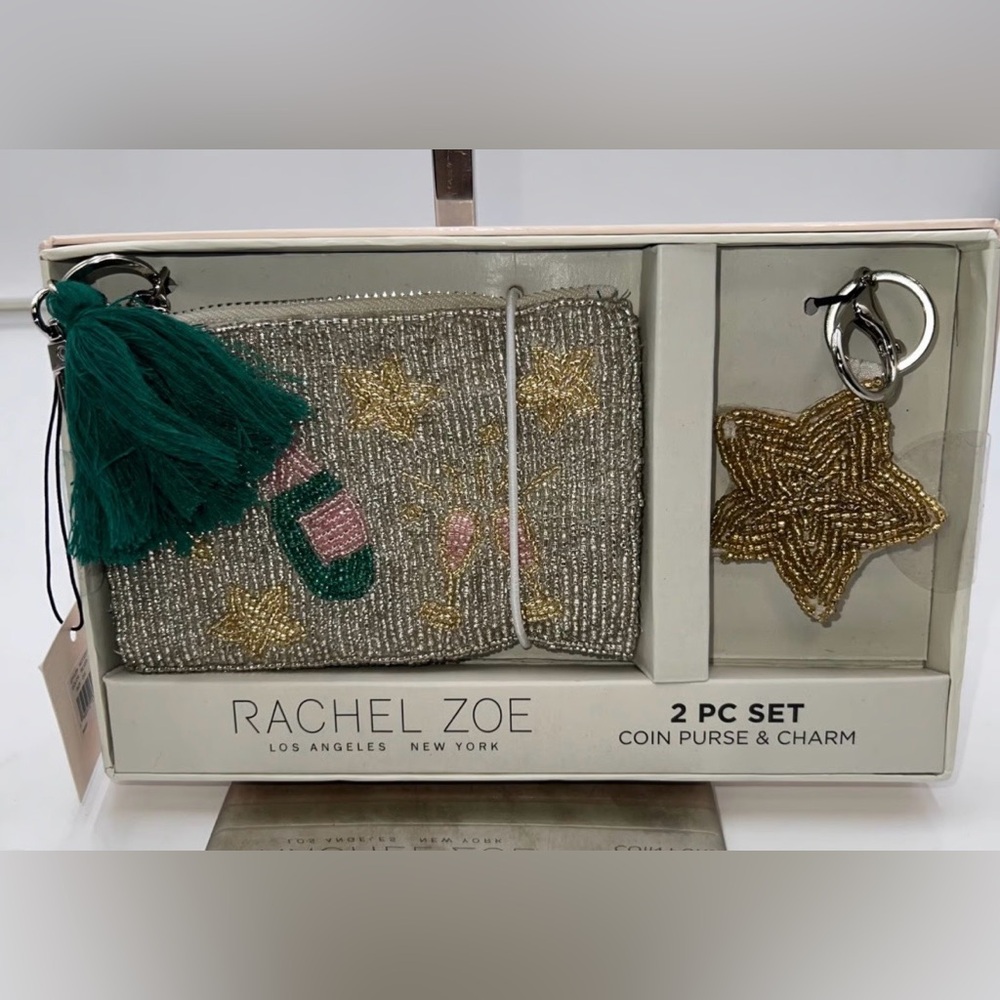 Rachel Zoe Beaded Coin Purse and Charm Set with ChampagneGold and Silver Accents